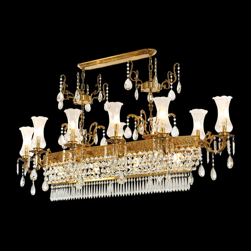 Rectangular French brass crystal chandelier with white shades on black background, front view.