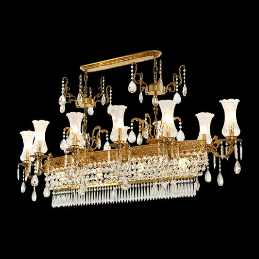 Rectangular French brass crystal chandelier with white shades on black background, front view.