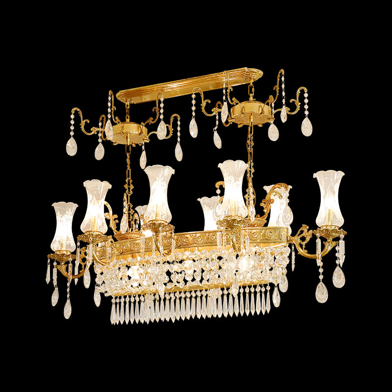 Detailed perspective of a luxury rectangular brass chandelier's structure and crystal decorations.