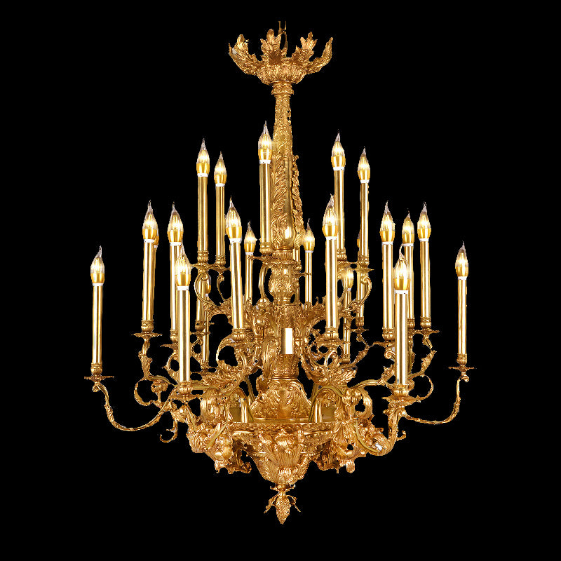 Golden French Empire brass chandelier with curved arms and candle lights, black background.