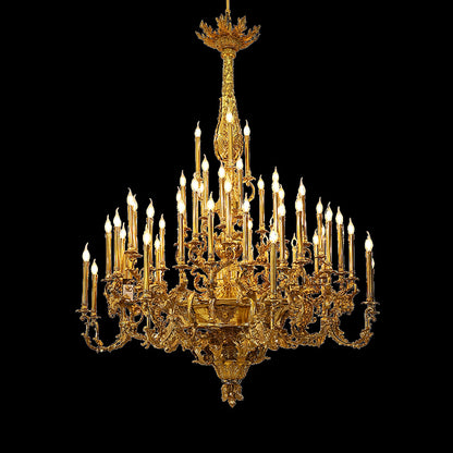 Grand Napoleonic Empire style brass chandelier with multiple candle bulbs on black background.