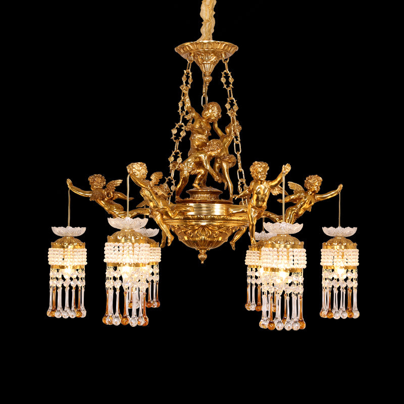 Cupidon Baroque brass chandelier with angel sculptures and crystal tiers on black background.