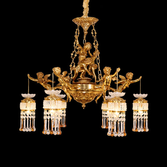 Cupidon Baroque brass chandelier with angel sculptures and crystal tiers on black background.
