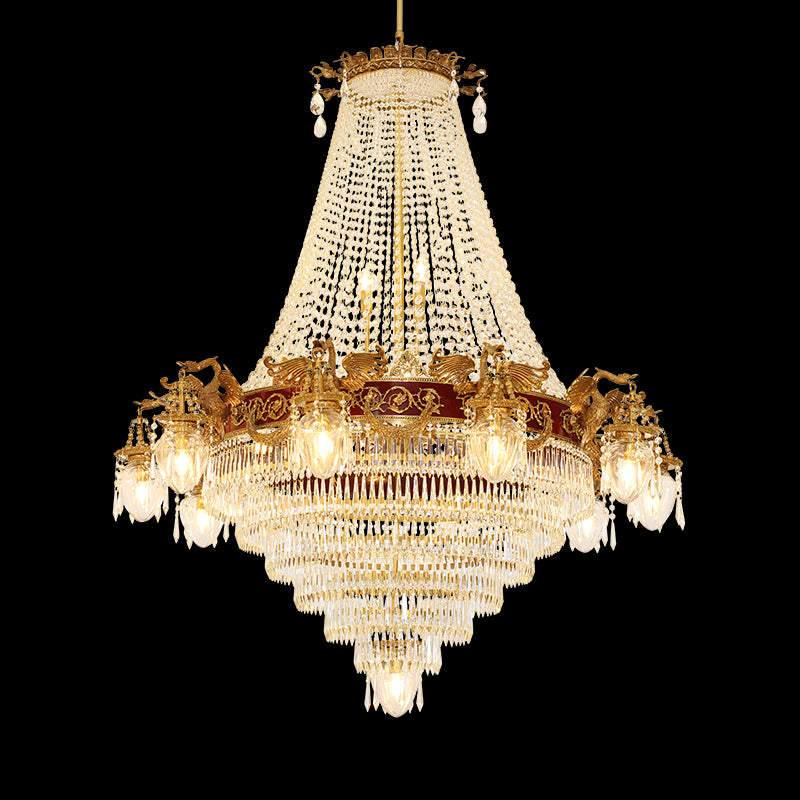 Diana’s Aviary Victorian brass chandelier with crystal tiers and red leather band, front view.