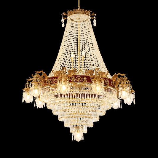 Diana’s Aviary Victorian brass chandelier with crystal tiers and red leather band, front view.