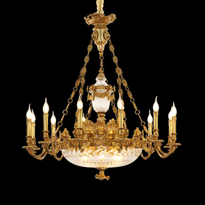 Full view of the Putto's Glow french bronze brass chandelier with multiple candle lights suspended on a black background.