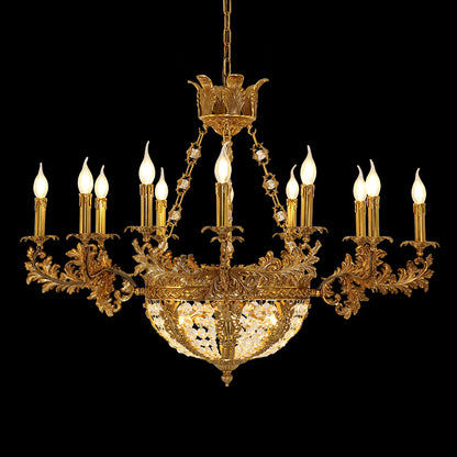 Luxury French brass chandelier with a crystal bowl shade and candle bulbs on black background.