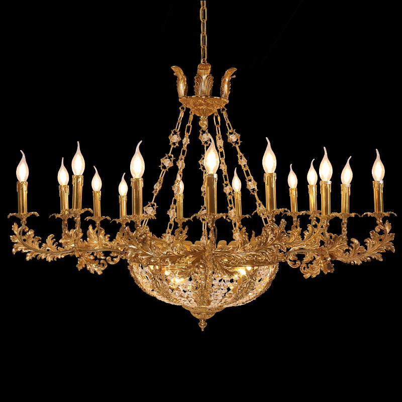 Venus Concha Baroque brass chandelier with a central nymph statue, isolated on black.