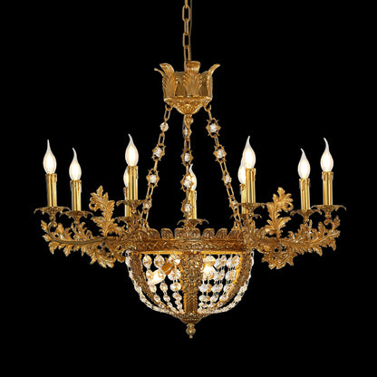 Detailed view of an eight-light retro brass chandelier with crystal beads and candle-style bulbs.