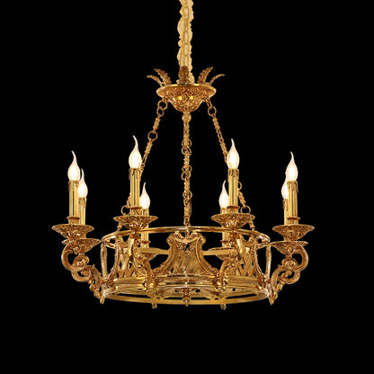 Full view of the French Empire Crown & Acanthus Scroll brass chandelier glowing against a stark black background.