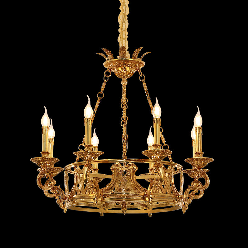 Angled perspective highlighting the symmetrical arrangement of six light sources and the elaborate scrollwork base.