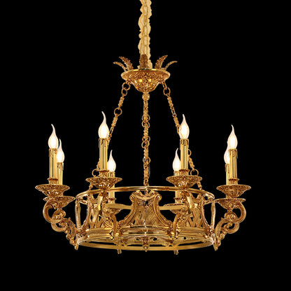 Angled perspective highlighting the symmetrical arrangement of six light sources and the elaborate scrollwork base.