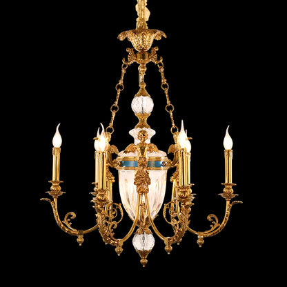 Full view of the Angel's Halo french brass chandelier with multiple tiers of lights on a black background.