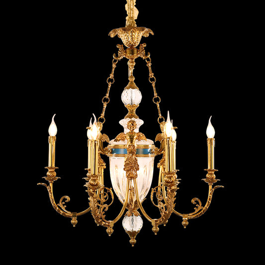 Full view of the Angel's Halo french brass chandelier with multiple tiers of lights on a black background.