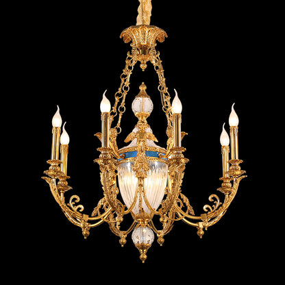 Close-up of the ornate central column featuring gilded angel sculptures and a blue enamel accent ring.