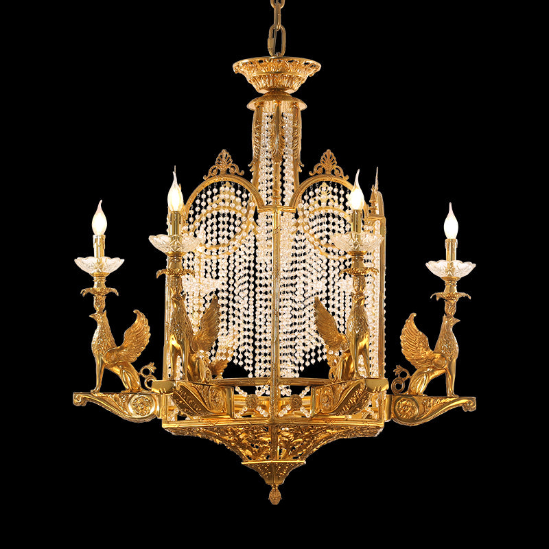 Full studio shot of the French Royal Menagerie gilded brass and crystal lantern chandelier glowing against a stark black background.