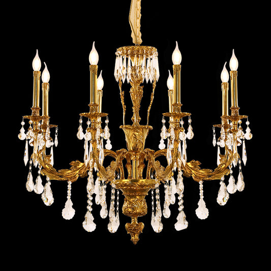 Pompadour’s Rêve de Cristal brass chandelier full front view with crystal cascades on black.