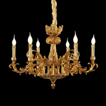 A designer chandelier elegantly suspended in a high-ceilinged room with classic French decor and crown molding.