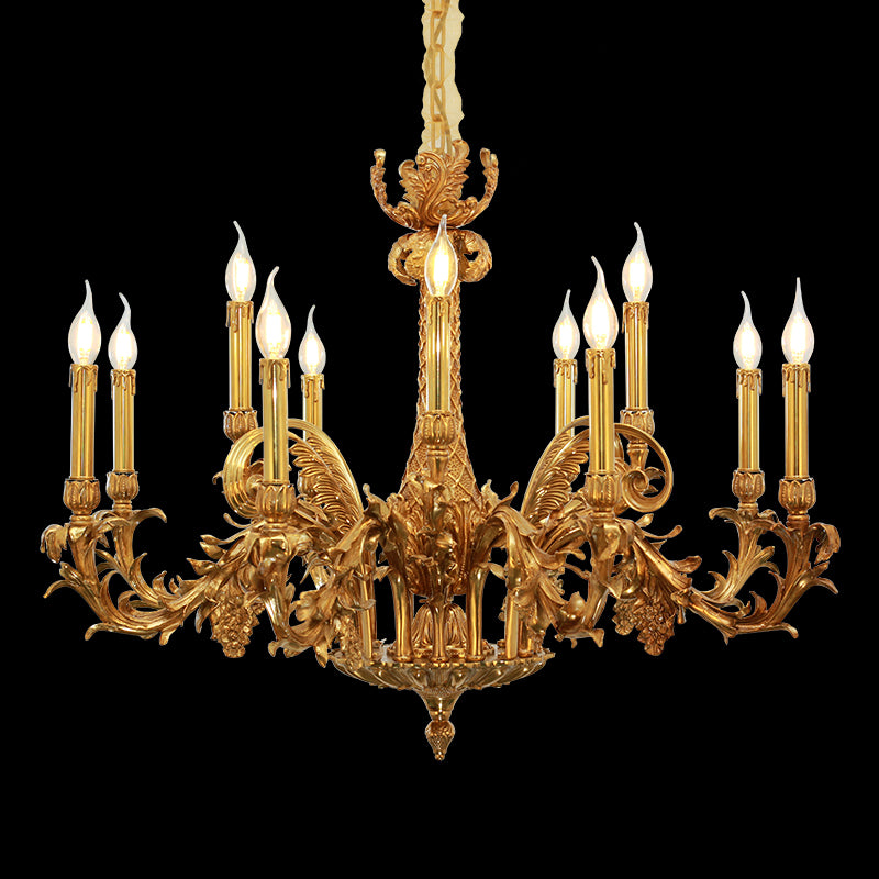 Full-length view of the Louis XVI Laurel Grove french all copper chandelier illuminated against a stark black background.