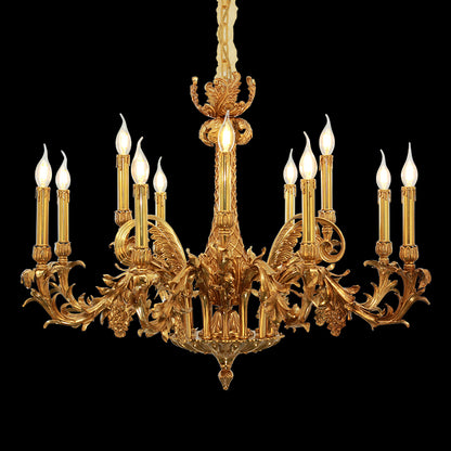 Full-length view of the Louis XVI Laurel Grove french all copper chandelier illuminated against a stark black background.