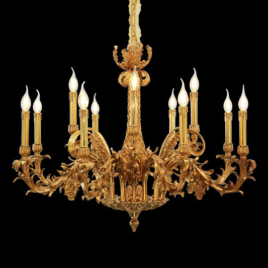 Full-length view of the Louis XVI Laurel Grove french all copper chandelier illuminated against a stark black background.