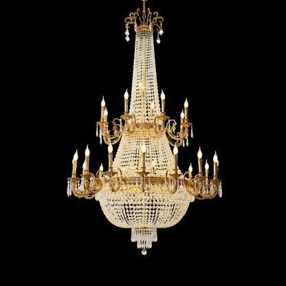 JEWELLERY TOP brand's luxury crystal chandelier featuring a towering, fully encrusted crystal column and multiple tiers of candle arms.