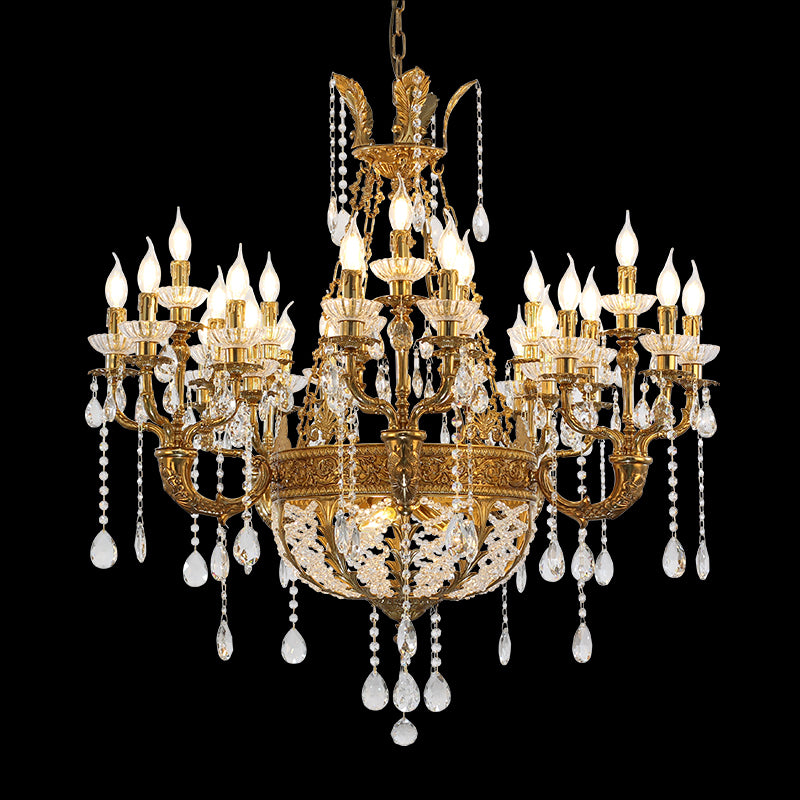 Full studio shot of the French Victorian Grandeur solid brass and crystal chandelier glowing against a stark black background.