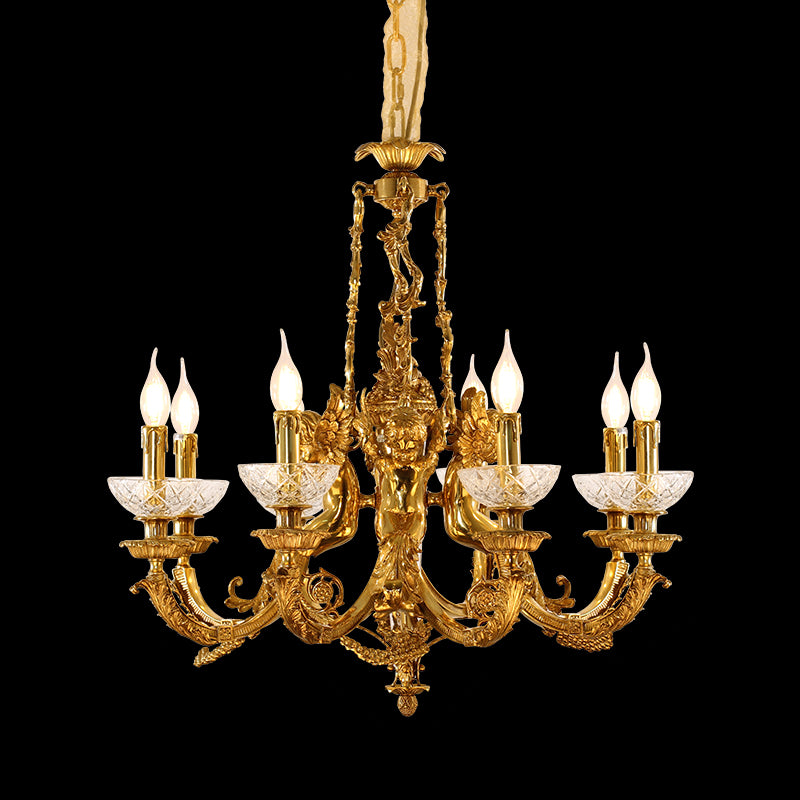 Full view of the Petit Palais de Lumière antique bronze brass chandelier with glass shades and crystal drops on black background.