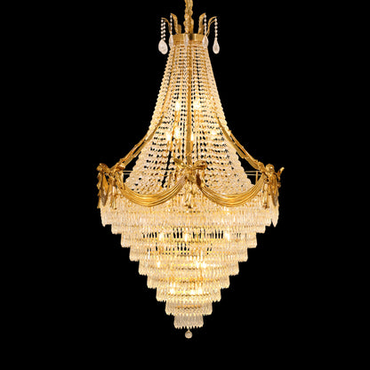 Detailed perspective highlighting the symmetrical design and multiple layers of hanging crystal prisms.