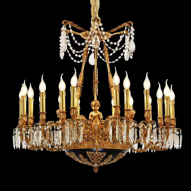 A grand antique brass chandelier installed in a luxurious villa living room with a large mirror and drapes.
