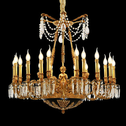A grand antique brass chandelier installed in a luxurious villa living room with a large mirror and drapes.