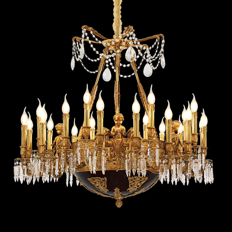 Full view of the Atelier de Versailles Cherubin baroque brass chandelier with cherubs and dark patina on black background.
