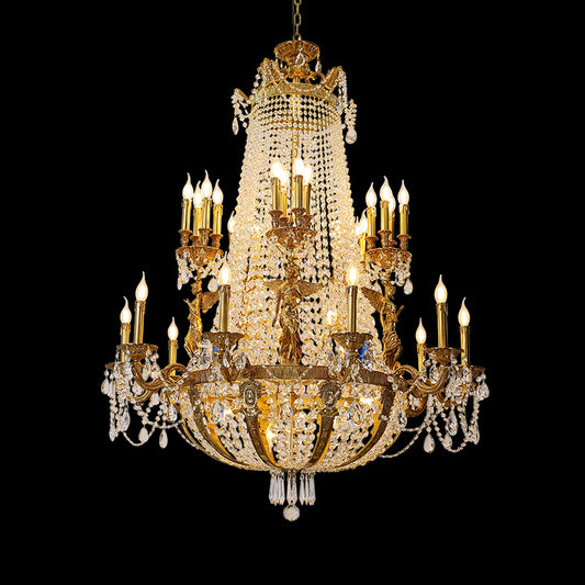 Full view of the Chandelier de Versailles Ange Doré brass chandelier with a golden angel and crystal waterfall on a black background.