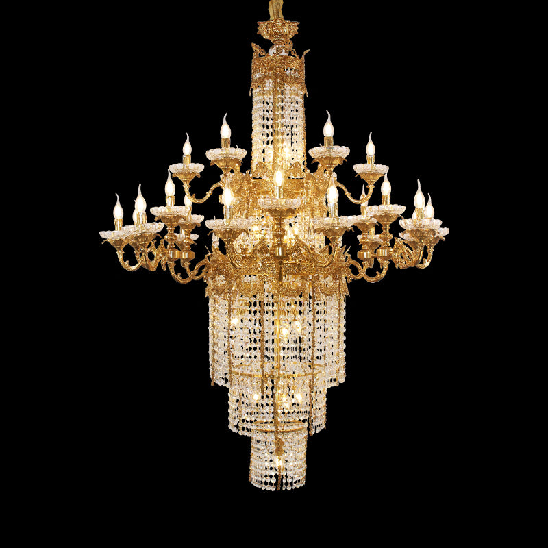 Front view of the multi-tiered Pantheon des Dieux brass chandelier with crystal waterfall on black.