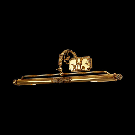 Isolated product shot of the Regal Baton Brass Mirror Light on a black background, highlighting its long bar shape and decorative end balls.