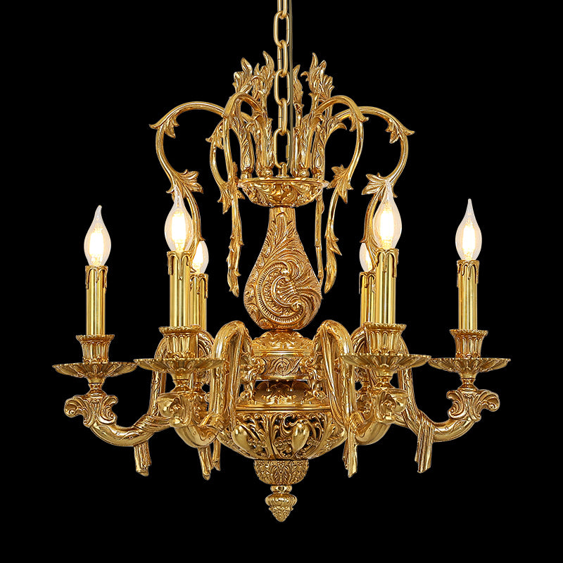 Full-length studio shot of the European Baroque Florentine Gilded Solid Brass chandelier glowing against a stark black background.
