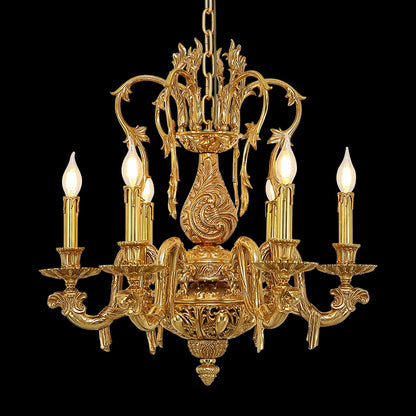 Full-length studio shot of the European Baroque Florentine Gilded Solid Brass chandelier glowing against a stark black background.