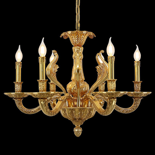 French Couperin's Muse Rococo brass chandelier with six candle arms and crystal droplets on black background.