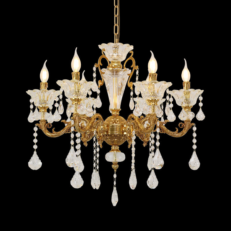 JEWELLERY TOP brand's european crystal chandelier showcasing detailed golden lily motifs and cascading prisms.