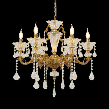 JEWELLERY TOP brand's european crystal chandelier showcasing detailed golden lily motifs and cascading prisms.
