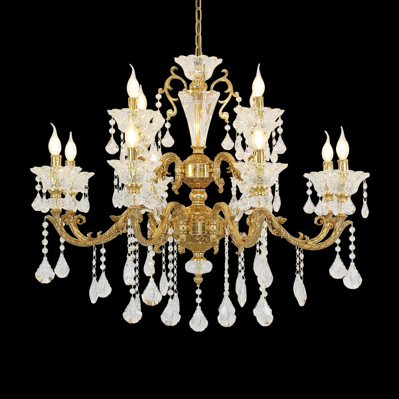 Full studio shot of the French Louis XVI lily floret and acanthus solid brass crystal chandelier glowing against a stark black background.