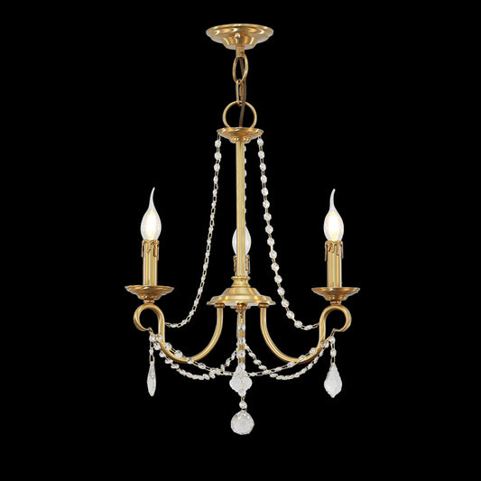 Bijou de Lumière Petite Brass Chandelier with crystal bead strands hanging against a black background.