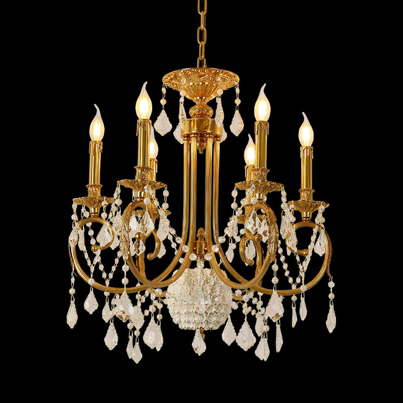 Full studio shot of the French Baroque Elegance solid brass hydrangea and pearl chandelier glowing against a stark black background.