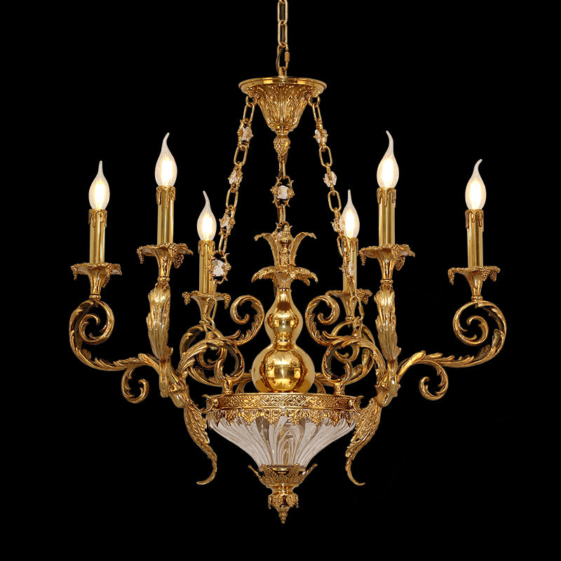 Salon de Musique Rococo brass chandelier with ornate urn centerpiece on black background.