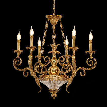 Salon de Musique Rococo brass chandelier with ornate urn centerpiece on black background.