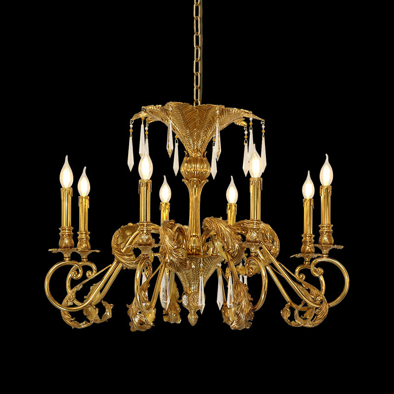 Full view of the Mid-Century Palm Fronds luxury brass chandelier suspended against a stark black background.