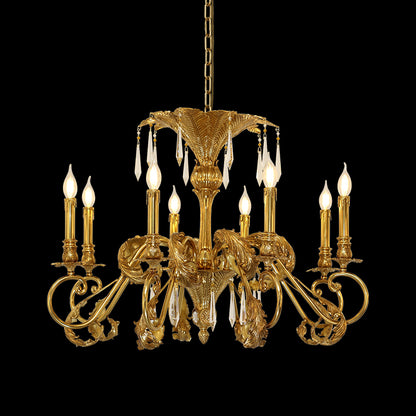 Full view of the Mid-Century Palm Fronds luxury brass chandelier suspended against a stark black background.