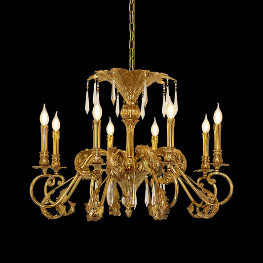 Full view of the Mid-Century Palm Fronds luxury brass chandelier suspended against a stark black background.