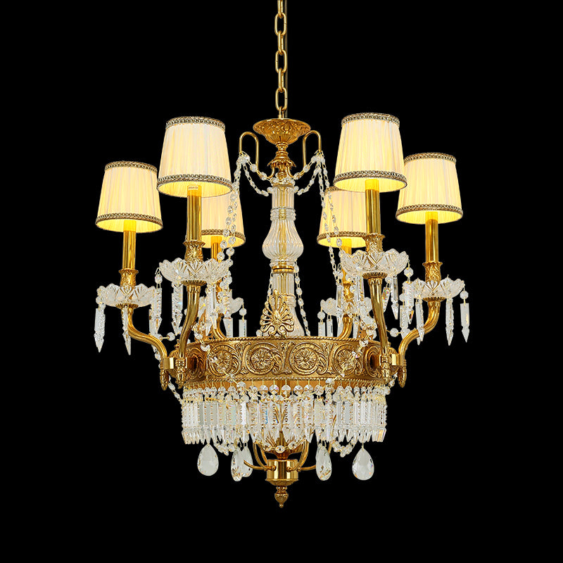 Full product shot of the French Louis XVI Style Gilded Brass & Fabric Shade chandelier glowing against a dark background.