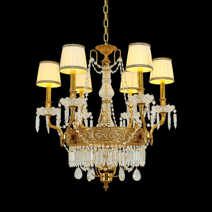 Full product shot of the French Louis XVI Style Gilded Brass & Fabric Shade chandelier glowing against a dark background.